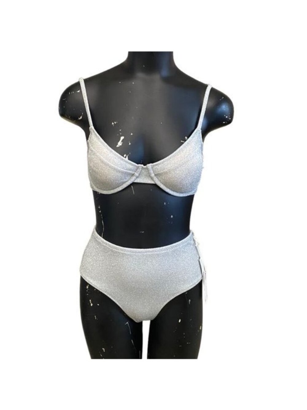 NEW Good American 2pc Silver Sparkle Swimsuit Bikini Size 3 = L